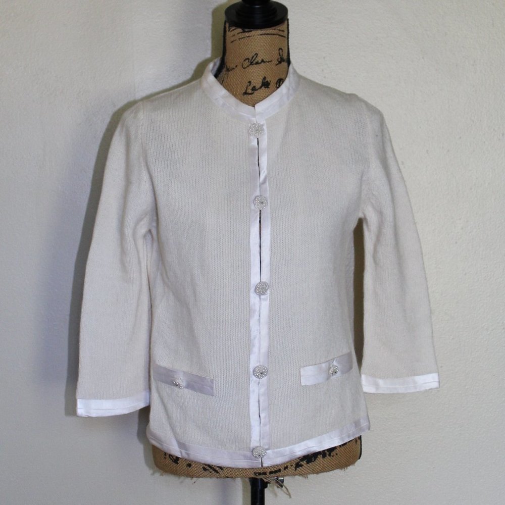 Vintage Millay Ivory Lambswool Angora Satin Cardigan Button Sweater Womens S